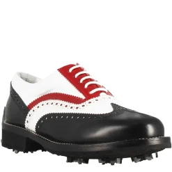 Scarpe Da Golf Donna Artigianali In Pelle Pieno Fiore Nero/bianco/rosso