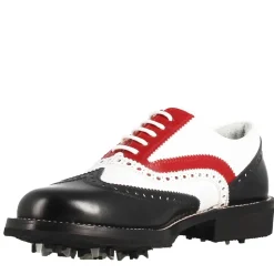 Scarpe Da Golf Donna Artigianali In Pelle Pieno Fiore Nero/bianco/rosso