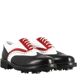 Scarpe Da Golf Donna Artigianali In Pelle Pieno Fiore Nero/bianco/rosso