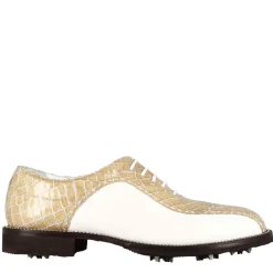 Scarpe Da Golf Donna In Pelle Bicolore Bianca E Beige Con Stampa Cocco