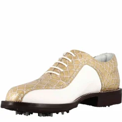 Scarpe Da Golf Donna In Pelle Bicolore Bianca E Beige Con Stampa Cocco
