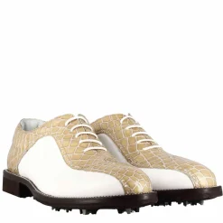 Scarpe Da Golf Donna In Pelle Bicolore Bianca E Beige Con Stampa Cocco