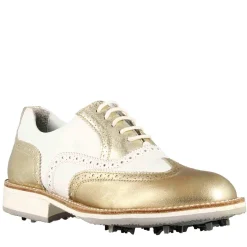 Scarpe Da Golf Uomo Artigianali In Pelle Bianca Con Dettagli Colore Oro