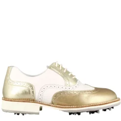 Scarpe Da Golf Uomo Artigianali In Pelle Bianca Con Dettagli Colore Oro