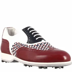 Scarpe Da Golf Uomo Artigianali In Pelle Bianca Con Dettagli Colore Blu E Bordeaux