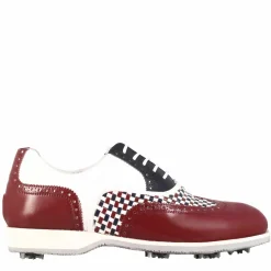 Scarpe Da Golf Uomo Artigianali In Pelle Bianca Con Dettagli Colore Blu E Bordeaux