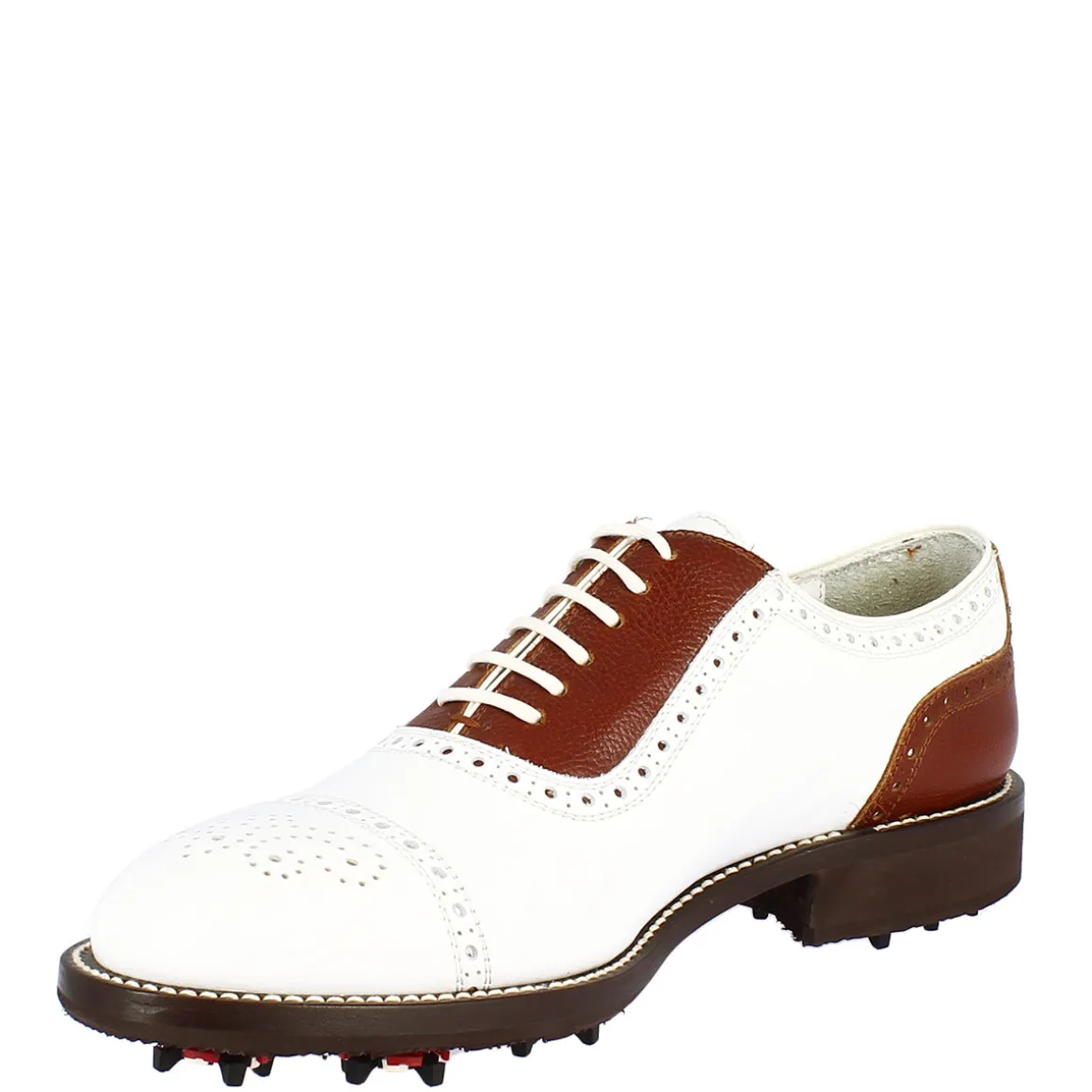 Scarpe Da Golf Uomo Classiche Artigianali In Pelle Bianca Marrone