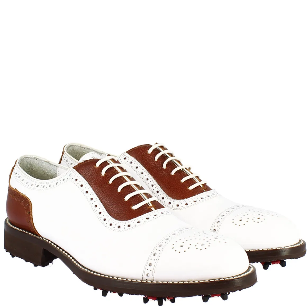 Scarpe Da Golf Uomo Classiche Artigianali In Pelle Bianca Marrone