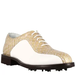 Scarpe Da Golf Uomo In Pelle Bicolore Bianca E Beige Con Stampa Cocco