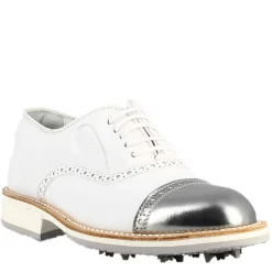 Scarpe Golf Da Donna Artigianali In Pelle Bianco E Dettagli In Argento