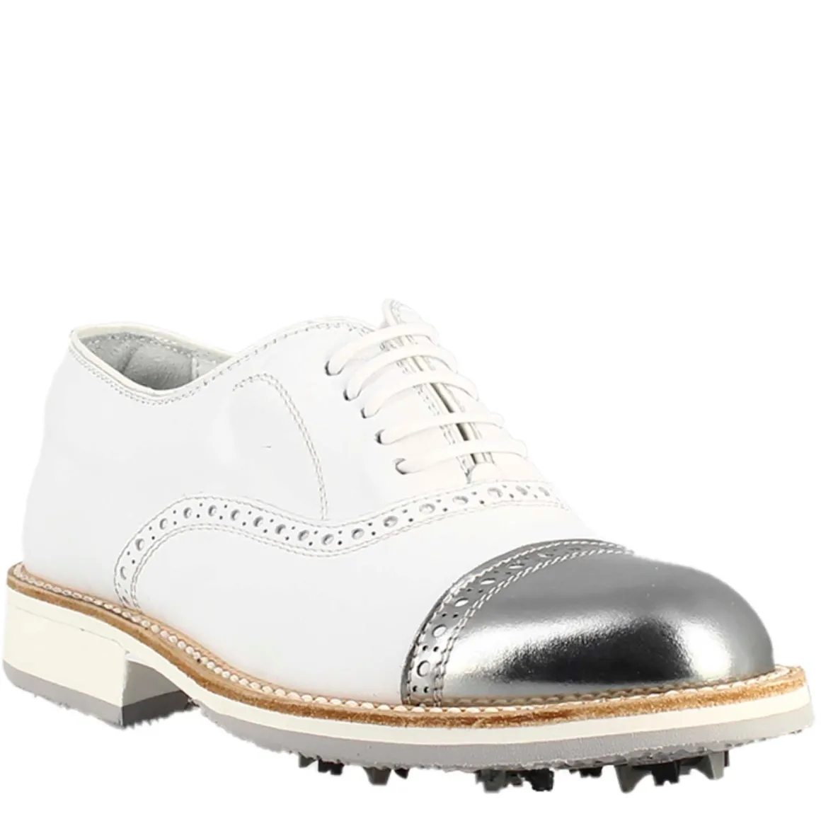 Scarpe Golf Da Donna Artigianali In Pelle Bianco E Dettagli In Argento
