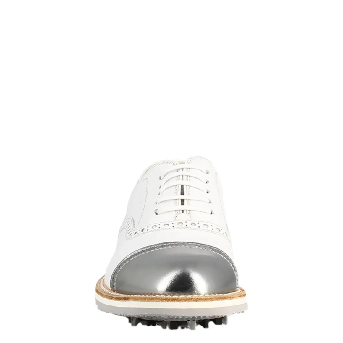 Scarpe Golf Da Donna Artigianali In Pelle Bianco E Dettagli In Argento