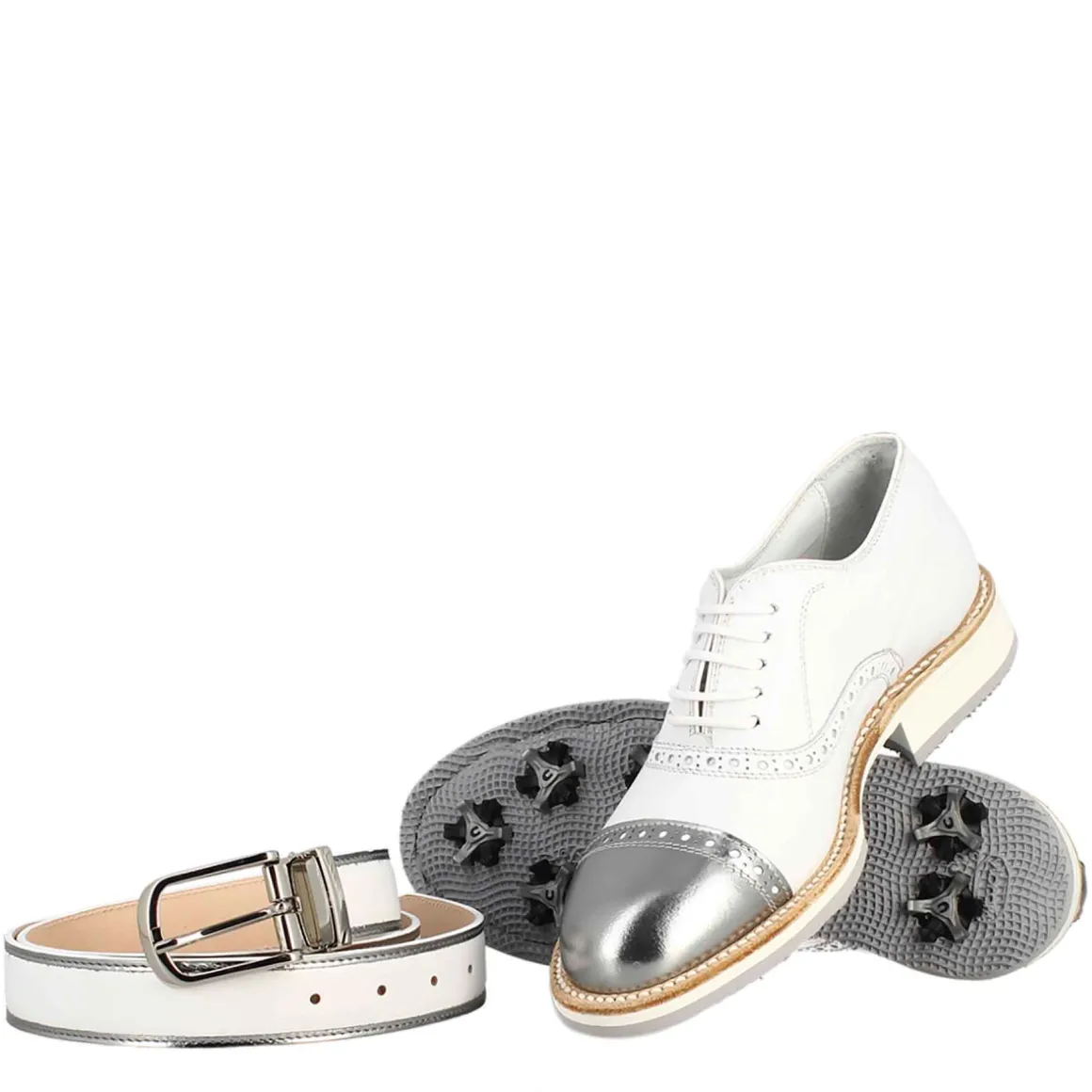 Scarpe Golf Da Donna Artigianali In Pelle Bianco E Dettagli In Argento