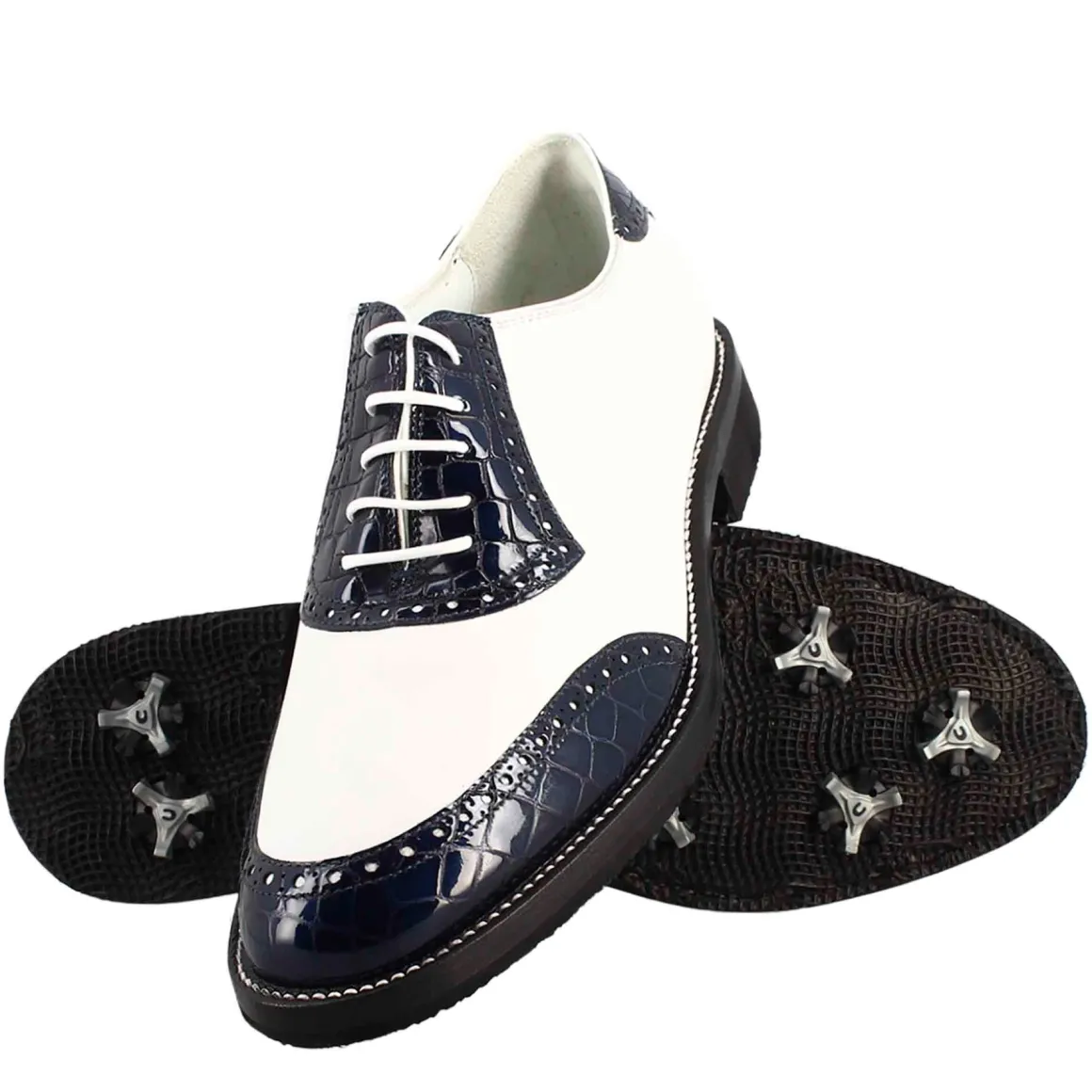 Scarpe Golf Da Donna Artigianali In Pelle Bianco E Cocco Blu
