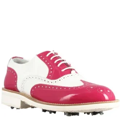 Scarpe Golf Da Donna Fatte A Mano In Pelle Lucida Colore Bianco Rosa.