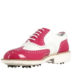 Scarpe Golf Da Donna Fatte A Mano In Pelle Lucida Colore Bianco Rosa.