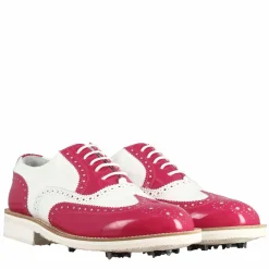 Scarpe Golf Da Donna Fatte A Mano In Pelle Lucida Colore Bianco Rosa.