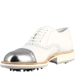Scarpe Golf Da Uomo Artigianali In Pelle Bianco E Dettagli In Argento