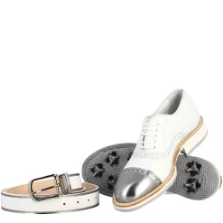 Scarpe Golf Da Uomo Artigianali In Pelle Bianco E Dettagli In Argento