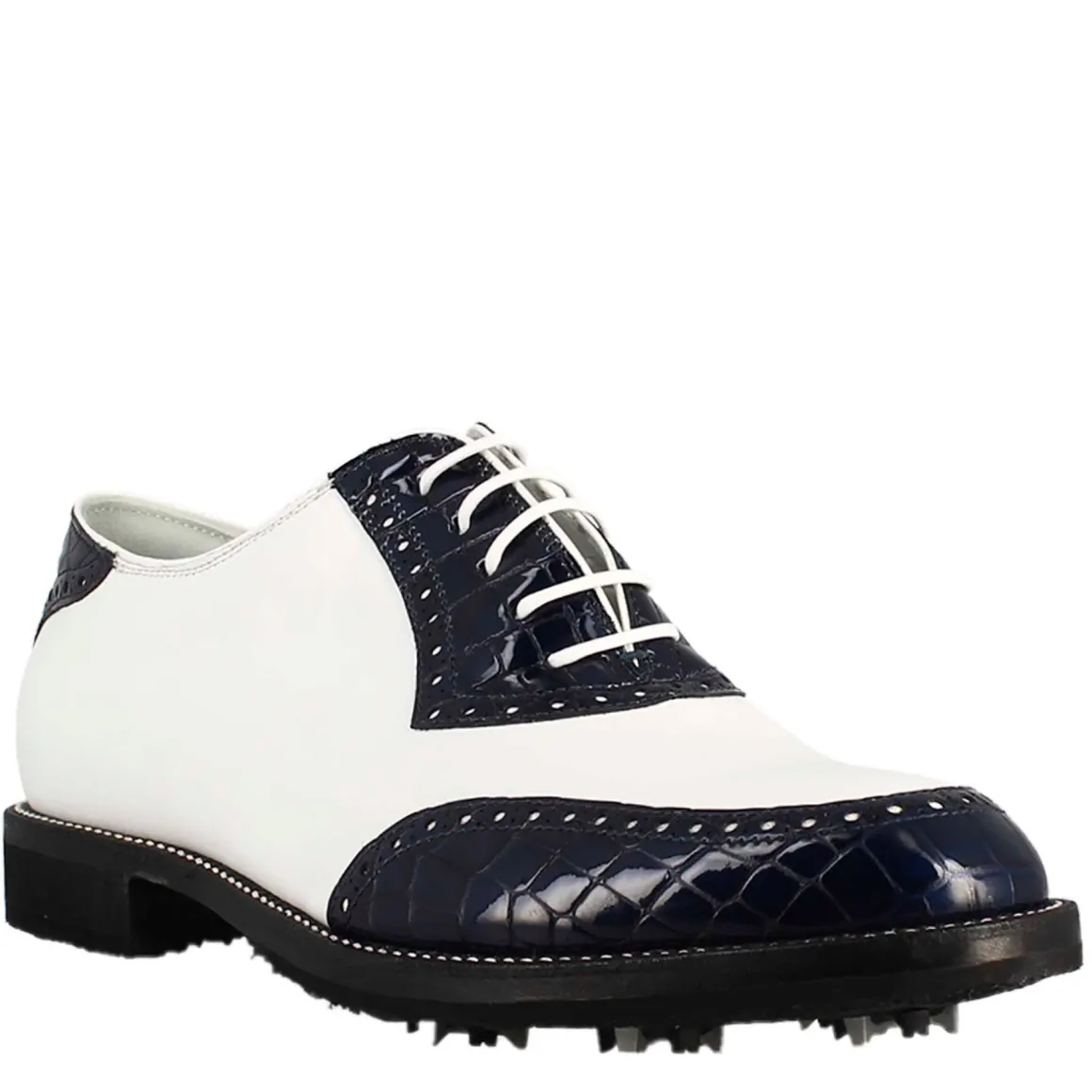 Scarpe Golf Da Uomo Artigianali In Pelle Bianco E Cocco Blu