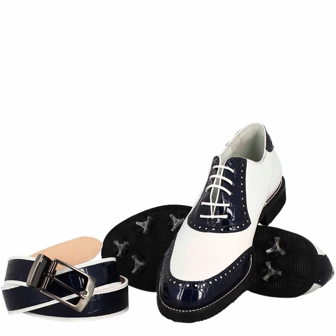 Scarpe Golf Da Uomo Artigianali In Pelle Bianco E Cocco Blu