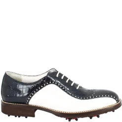 Scarpe Golf Donna Artigianali In Pelle Pieno Fiore Bianco Cocco Blu