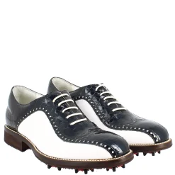 Scarpe Golf Donna Artigianali In Pelle Pieno Fiore Bianco Cocco Blu
