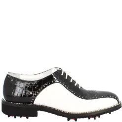 Scarpe Golf Donna Artigianali In Pelle Pieno Fiore Bianco Cocco Nero