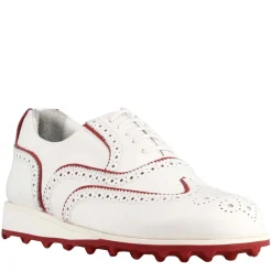 Scarpe Golf Fatte A Mano Da Uomo In Pelle Colore Bianco Con Dettagli Colore Rosso.