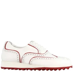 Scarpe Golf Fatte A Mano Da Donna In Pelle Colore Bianco Con Dettagli Colore Rosso.