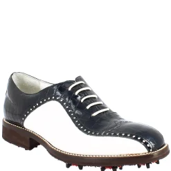 Scarpe Golf Uomo Artigianali In Pelle Pieno Fiore Bianco Cocco Blu