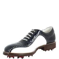 Scarpe Golf Uomo Artigianali In Pelle Pieno Fiore Bianco Cocco Blu