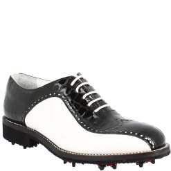 Scarpe Golf Uomo Artigianali In Pelle Pieno Fiore Bianco Cocco Nero