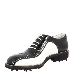 Scarpe Golf Uomo Artigianali In Pelle Pieno Fiore Bianco Cocco Nero