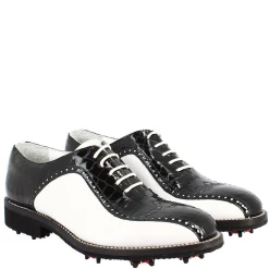 Scarpe Golf Uomo Artigianali In Pelle Pieno Fiore Bianco Cocco Nero
