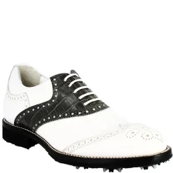 Scarpe Golf Uomo Artigianali In Pelle Pieno Fiore Bianco Nero