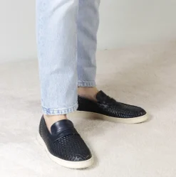 Sneaker Da Uomo Fatta A Mano In Pelle Intrecciata Colore Blu