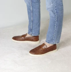 Sneaker Da Uomo Fatta A Mano In Pelle Intrecciata Colore Marrone