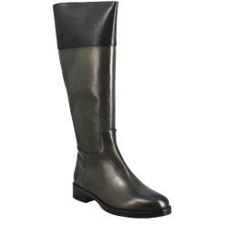 Stivale Al Ginocchio Da Donna Liscio Con Tacco Basso In Pelle Verde E Nero