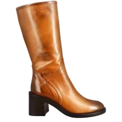 Stivale Diver Altezza Polpaccio Da Donna Con Tacco In Pelle Lavata Colore Cuoio Scuro