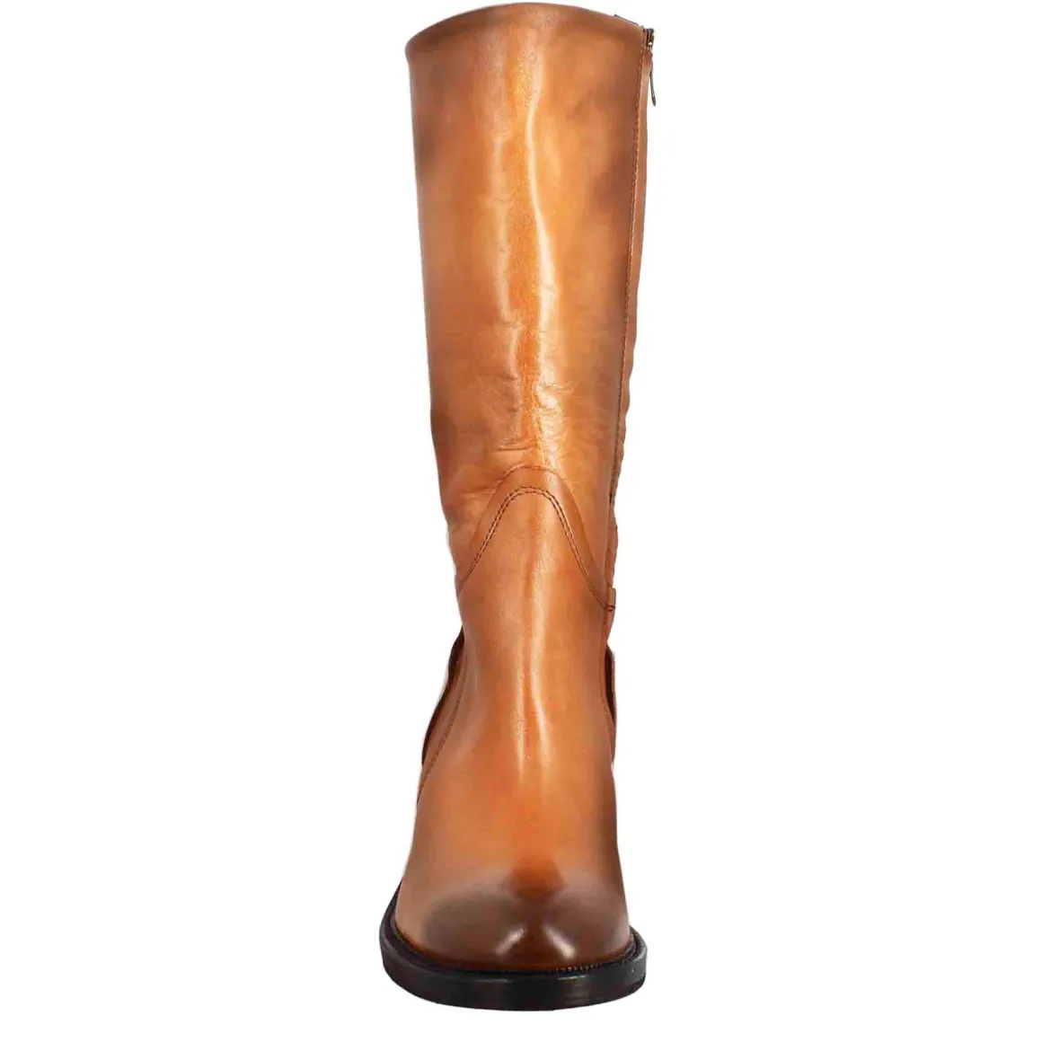 Stivale Diver Altezza Polpaccio Da Donna Con Tacco In Pelle Lavata Colore Cuoio Scuro
