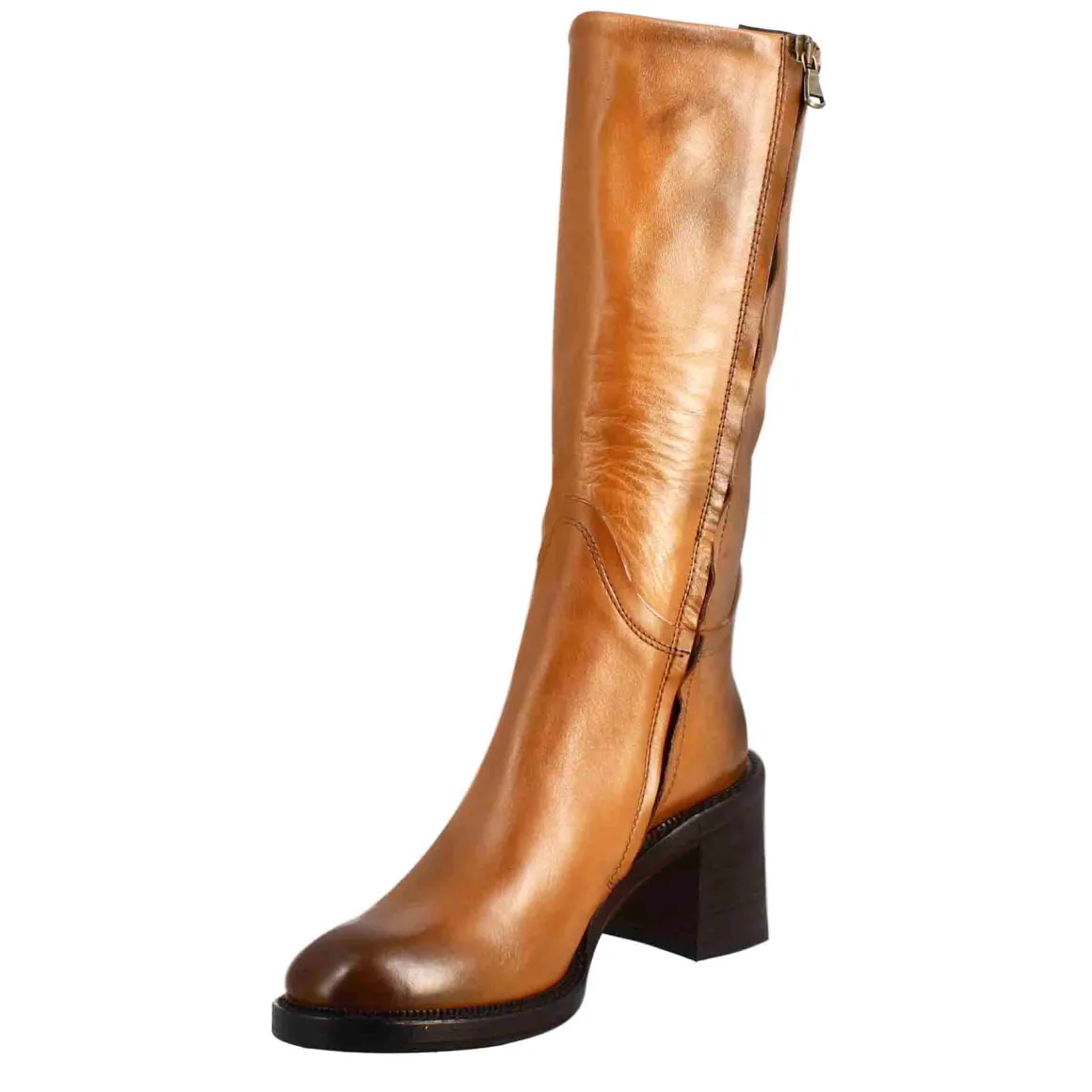 Stivale Diver Altezza Polpaccio Da Donna Con Tacco In Pelle Lavata Colore Cuoio Scuro