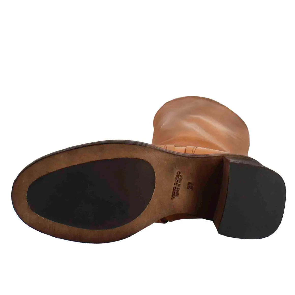 Stivale Diver Altezza Polpaccio Da Donna Con Tacco In Pelle Lavata Colore Cuoio Scuro