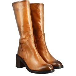 Stivale Diver Altezza Polpaccio Da Donna Con Tacco In Pelle Lavata Colore Cuoio Scuro