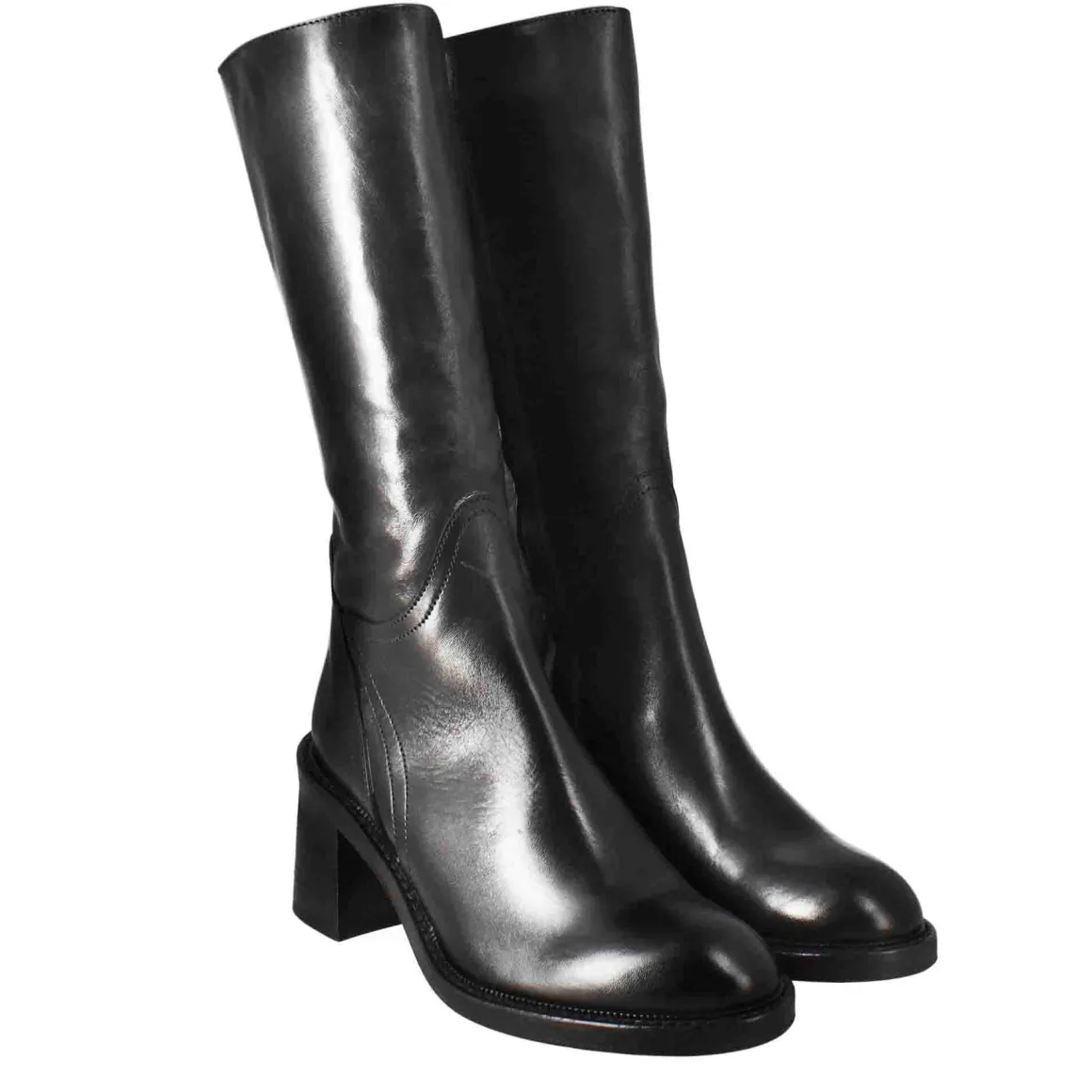 Stivale Diver Altezza Polpaccio Da Donna Con Tacco In Pelle Lavata Color Nero