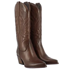 Stivale Texano Da Donna In Pelle Marrone Con Ricamo