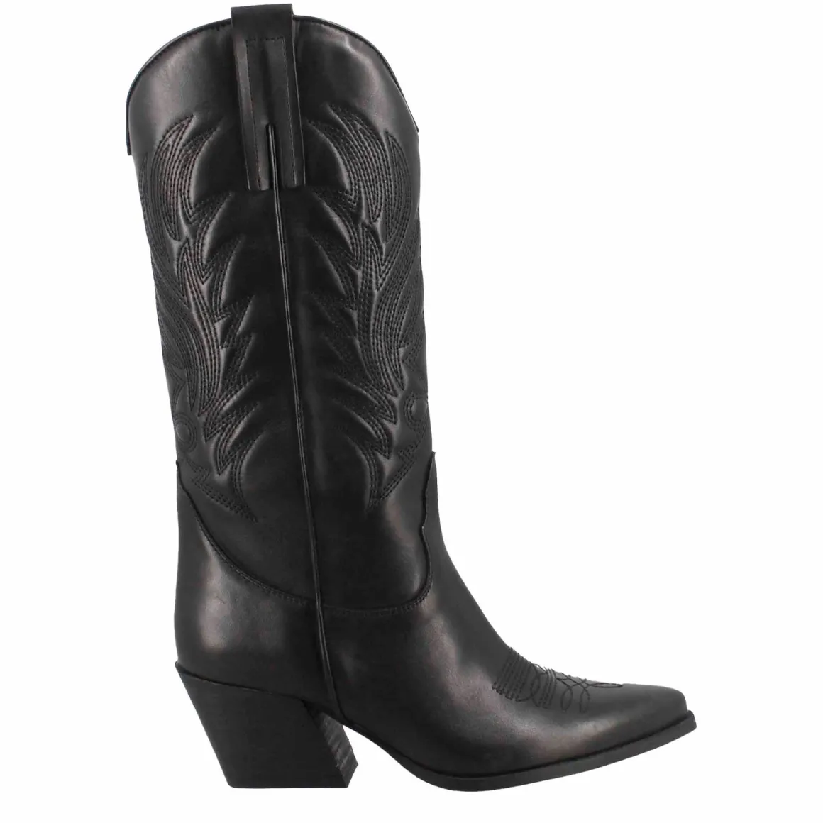 Stivale Texano Da Donna In Pelle Nera Con Ricamo
