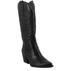 Stivale Texano Da Donna In Pelle Nera Con Ricamo