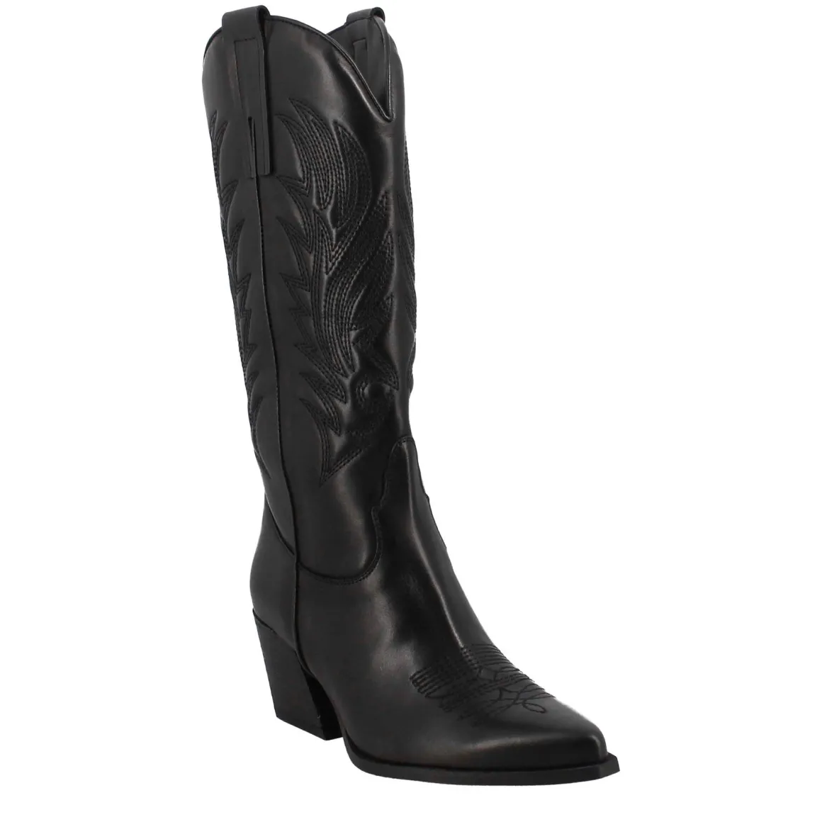 Stivale Texano Da Donna In Pelle Nera Con Ricamo