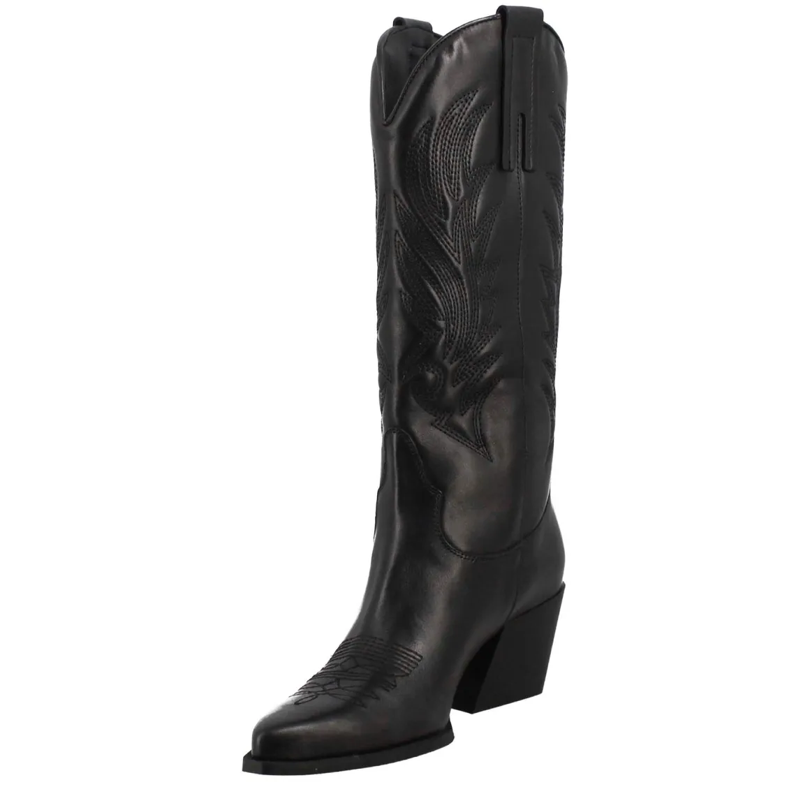 Stivale Texano Da Donna In Pelle Nera Con Ricamo